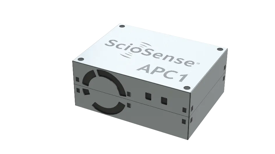 Image of the APC1 air quality sensor: a small metal box with a vent cutout
